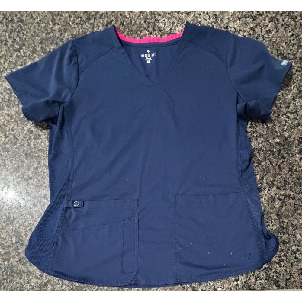 Med Couture Touch Navy Blue V-Neck Scrub Top Ribbed Side Panels 7459 Womens L